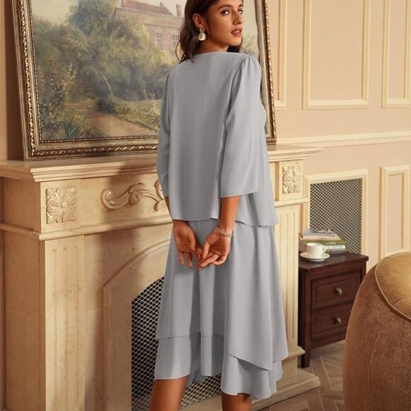 NWT Grace Karin Sequin Detail Layered Chiffon Jacket Dress Set Silver Gray 12 - Picture 3 of 16